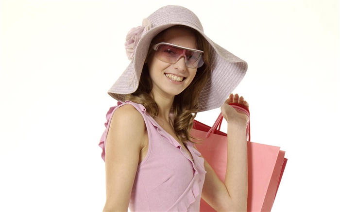 快乐购物的女孩，粉红色的衣服，帽子，太阳镜 壁纸 图片
