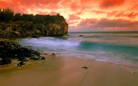 美国夏威夷，沙滩，海岸，海，红色的天空，夕阳 高清壁纸