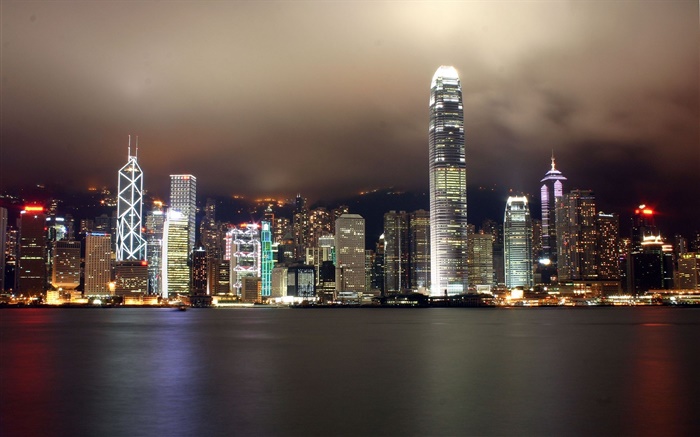 香港美丽的城市，高楼林立，夜晚，灯光，河 壁纸 图片