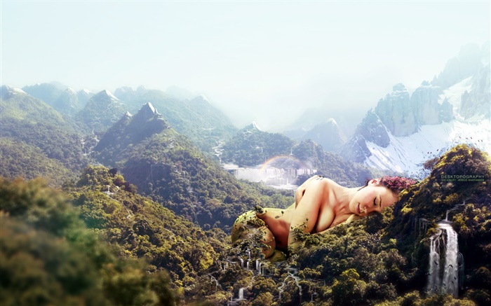 巨大的女孩，在山上睡觉，创意设计 壁纸 图片