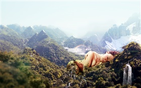 巨大的女孩，在山上睡觉，创意设计 高清壁纸