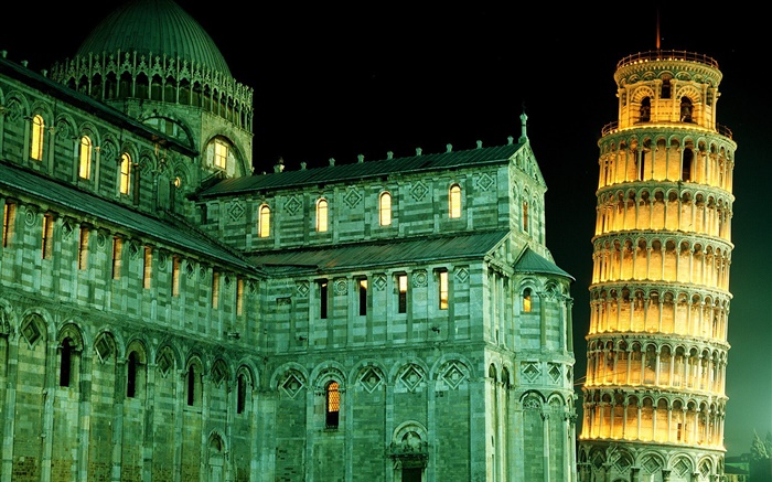 意大利比萨斜塔，夜晚，灯光 壁纸 图片