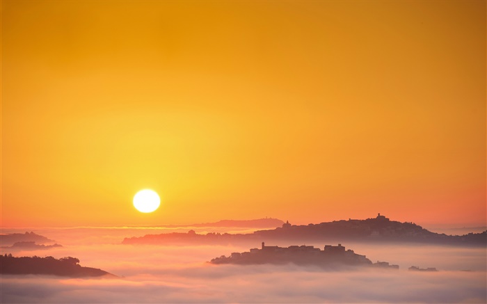 意大利，日出，太阳，雾，早晨，镇 壁纸 图片