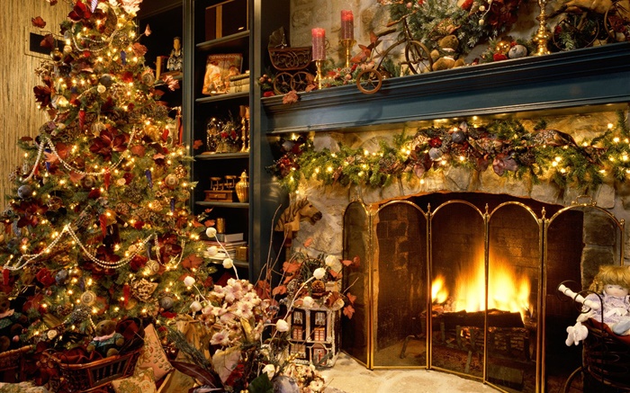 圣诞快乐，球，装饰，壁炉，灯，温暖 壁纸 图片
