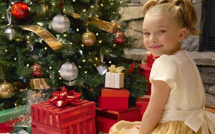 圣诞快乐，微笑儿童女孩，礼品 壁纸 图片