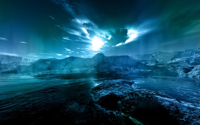夜间风景，海，海岸，水，月，云，蓝色风格 壁纸 图片