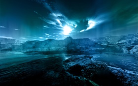 夜间风景，海，海岸，水，月，云，蓝色风格 高清壁纸