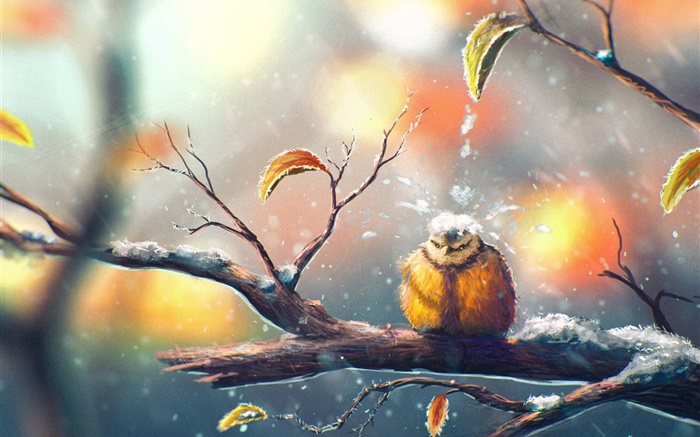 绘画，鸟在冬季，树枝，雪，树叶 壁纸 图片