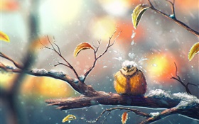 绘画，鸟在冬季，树枝，雪，树叶