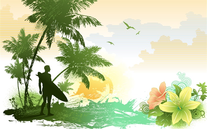 棕榈树，花，鸟，海，热带，人，矢量图片 壁纸 图片