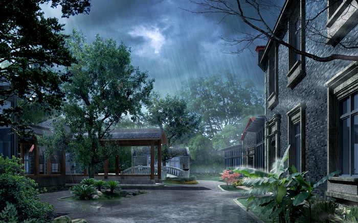 公园在雨中，房屋，树木，3D渲染的图片 壁纸 图片