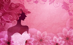 粉红色的背景，矢量时尚女孩，花卉，设计