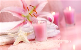 粉红色的风格，蜡烛，海星，兰花，毛巾，SPA静物