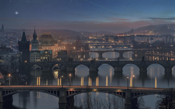 布拉格，捷克共和国，桥梁，河流，房屋，夜，灯 壁纸 图片