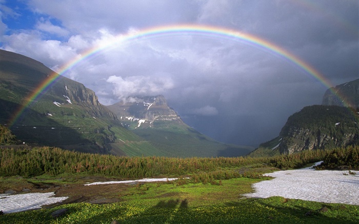 彩虹，山，树，草，云 壁纸 图片