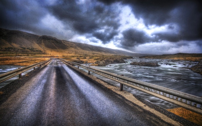 下雨天，桥，路，河，山，云 壁纸 图片