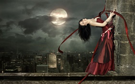 红色的礼服幻想的女孩，开心，微笑，姿势，月亮