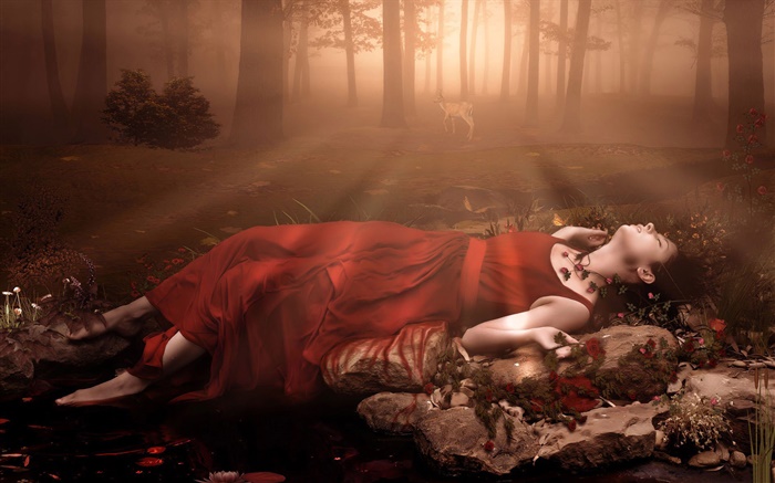 红色的礼服幻想的女孩，睡在森林里 壁纸 图片