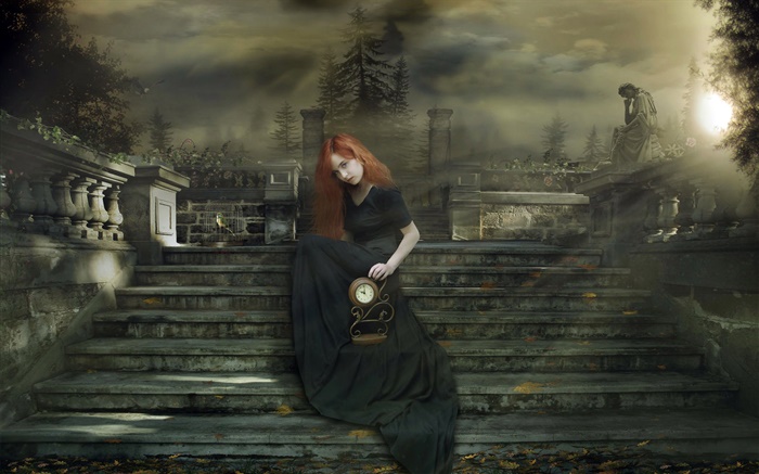 红头发的幻想的女孩，楼梯，时钟，晚上 壁纸 图片