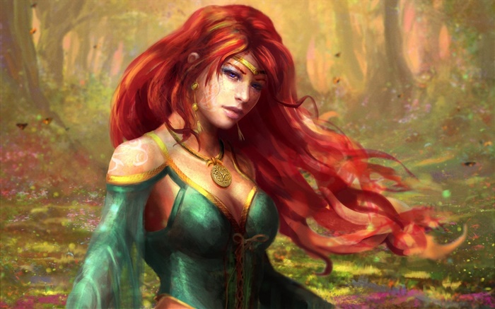 红头发的幻想女孩在森林 壁纸 图片