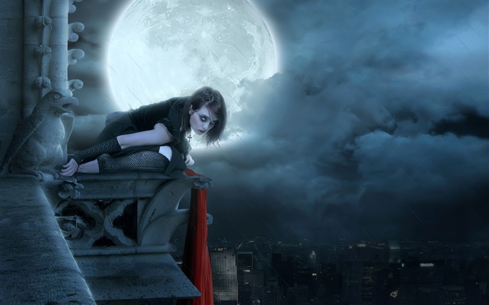 红唇幻想的女孩在月圆之夜，城市 壁纸 图片