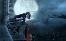 红唇幻想的女孩在月圆之夜，城市