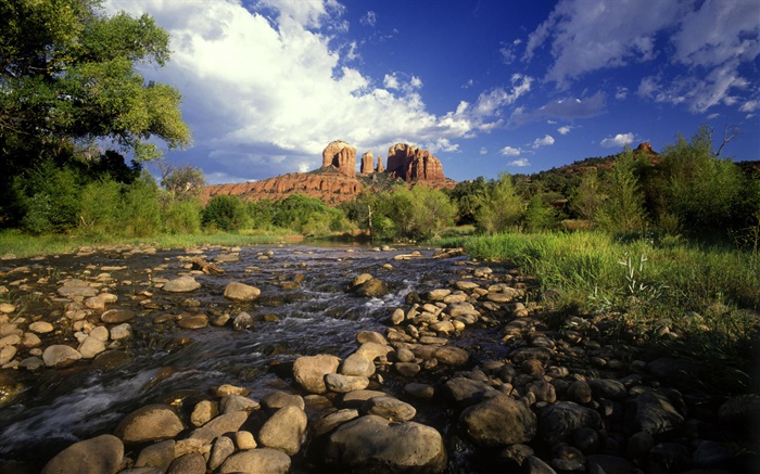 红岩路口，石头，河流，草，塞多纳，美国亚利桑那州 壁纸 图片