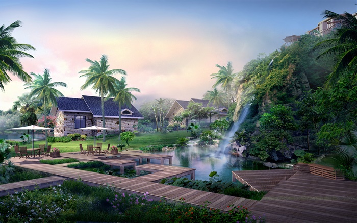度假村，瀑布，棕榈树，房子，热带，3D设计 壁纸 图片
