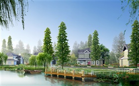 s 河，树，船，房屋，3D设计图片 高清壁纸