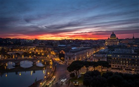 罗马，意大利，梵蒂冈，傍晚，夕阳，房屋，河流，桥梁 高清壁纸