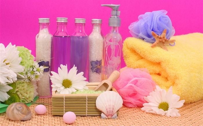 SPA静物，菊花，瓶，沐浴球，毛巾 壁纸 图片
