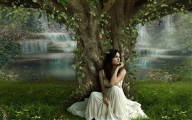 悲伤的幻想的女孩在树下 高清壁纸