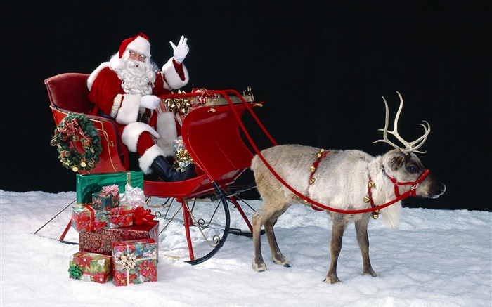 圣诞老人，鹿，雪橇车，礼物，圣诞主题 壁纸 图片