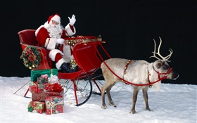 圣诞老人，鹿，雪橇车，礼物，圣诞主题 高清壁纸