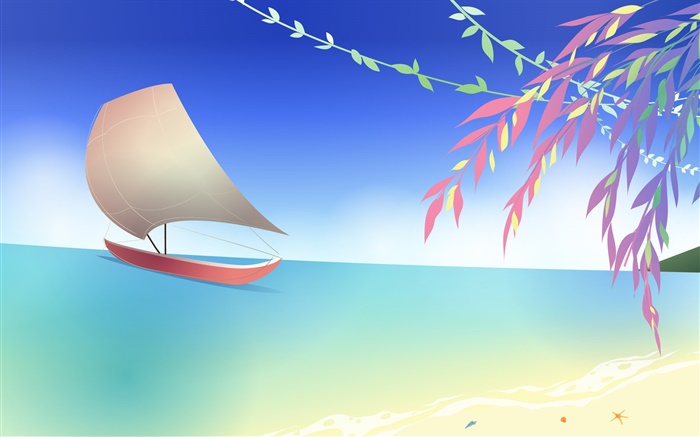 海水，沙滩，船，树枝，春天，矢量设计 壁纸 图片