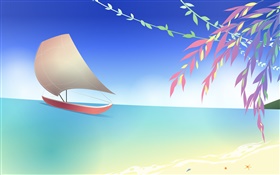 海水，沙滩，船，树枝，春天，矢量设计 高清壁纸