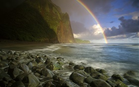 海，海岸，石头，彩虹，云 高清壁纸