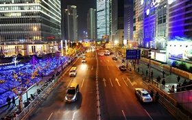 上海，街道，路灯，晚上，市，中国 高清壁纸