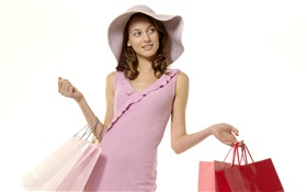 购物女孩，粉色长裙 高清壁纸