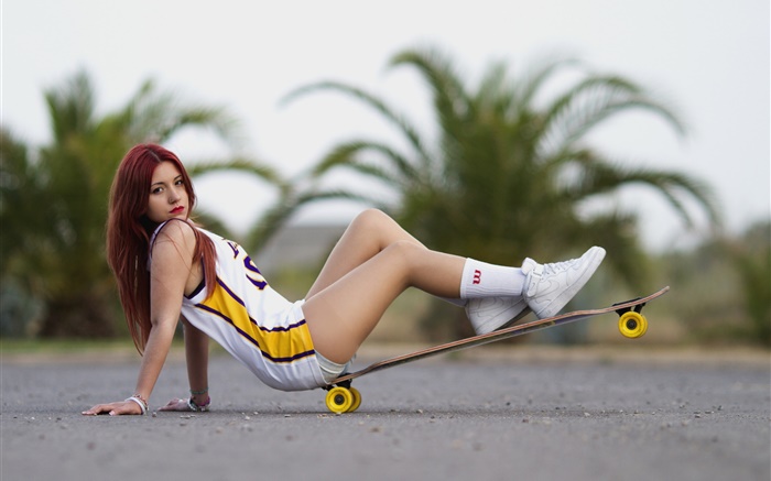 滑板，道路，体育的女孩 壁纸 图片