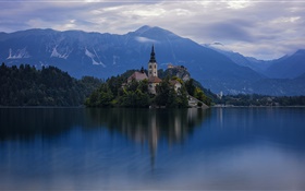 斯洛文尼亚，岛，教会，湖，树，山，黎明 高清壁纸
