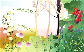 春天主题，树木，树叶，浆果，矢量图片