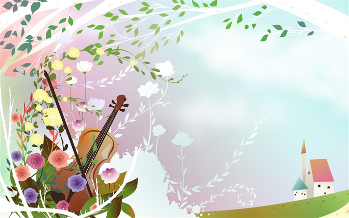 春天的主题，鲜花，小提琴，树，房子，矢量图片 壁纸 图片