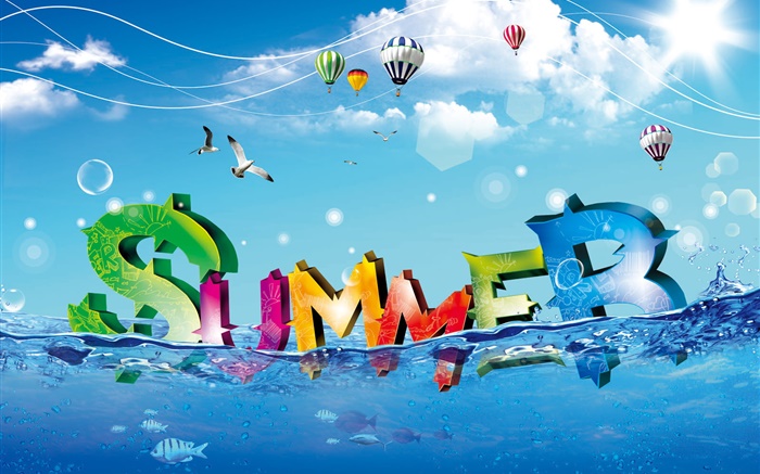 夏天，创意设计，色彩绚丽，水，鱼，鸟，气球 壁纸 图片