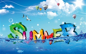 夏天，创意设计，色彩绚丽，水，鱼，鸟，气球 高清壁纸