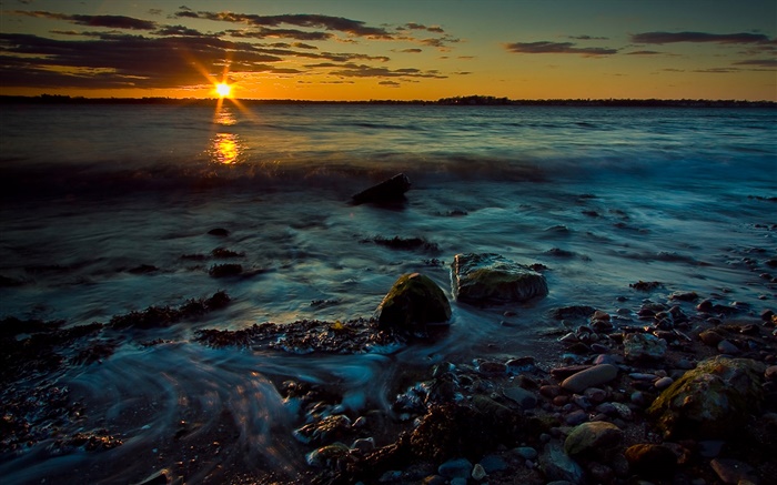 日落，黄昏，海，石头，海岸 壁纸 图片