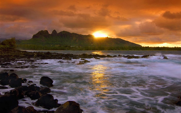 日落，红色的天空，云，海岸，岩石，夏威夷，美国 壁纸 图片