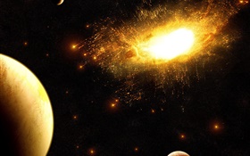 超新星爆炸，碎片飞溅，太空，星球