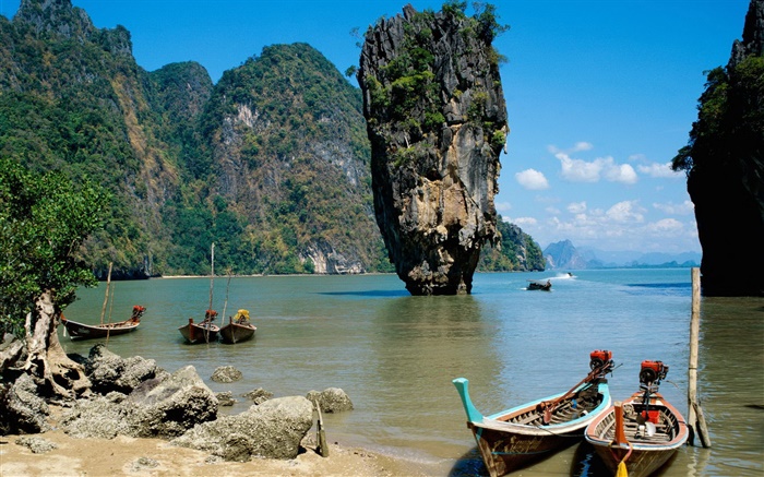 泰国风光，海，海岸，船，悬崖，岩石 壁纸 图片