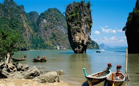 泰国风光，海，海岸，船，悬崖，岩石 高清壁纸